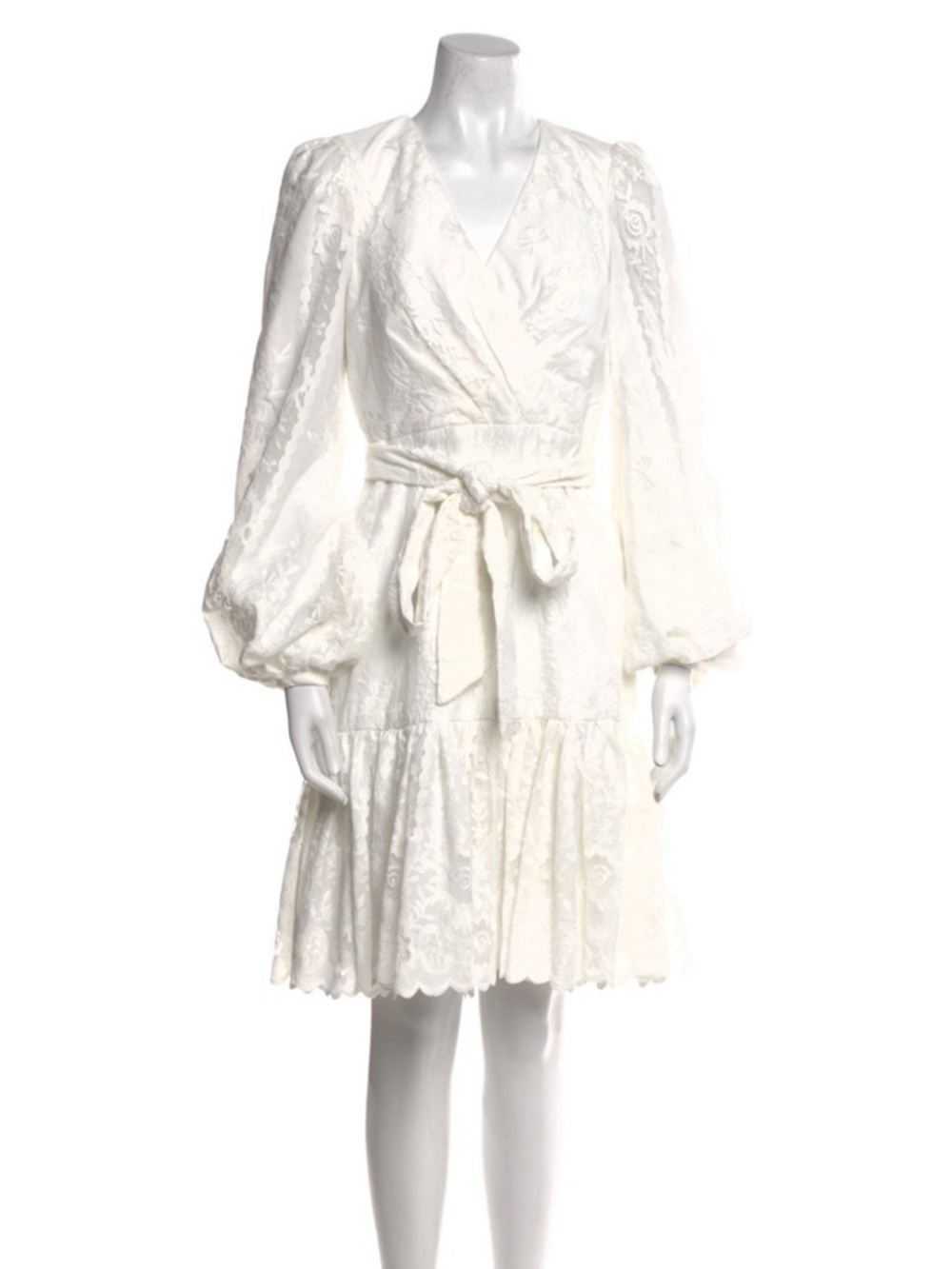 Badgley Mischka White Lace Wrap Dress with Tie Waist